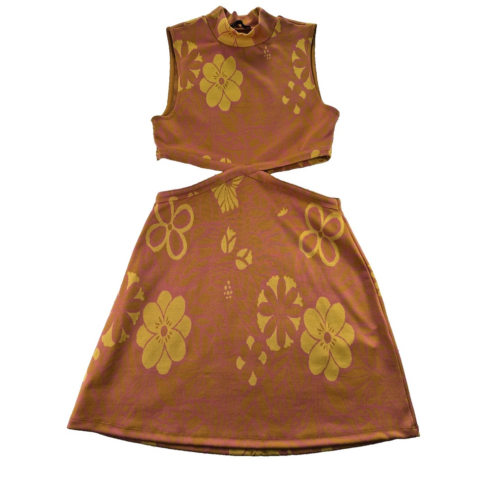 Zara Dress Womens S Orange Pink Floral 70s Boho Cutout Waist Mini Retro Vibes